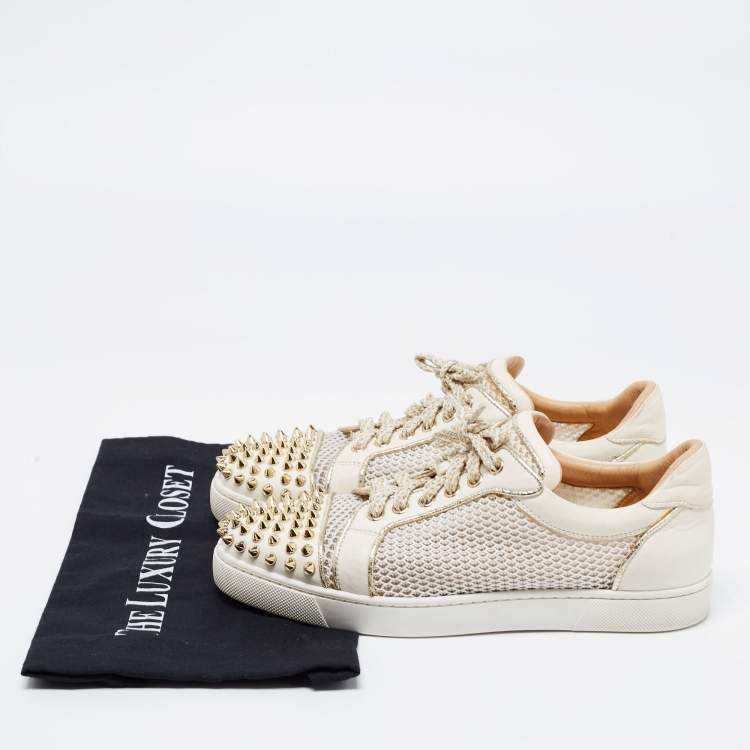 Pre Owned Christian Louboutin White Leather And Mesh Louis Junior Spikes Low-Top Sneakers Size 39