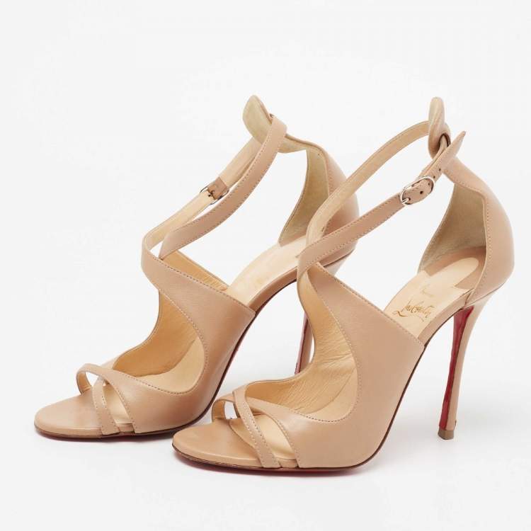 Pre Owned Christian Louboutin Beige Leather Malefissima Ankle-Strap Sandals Size 38.5