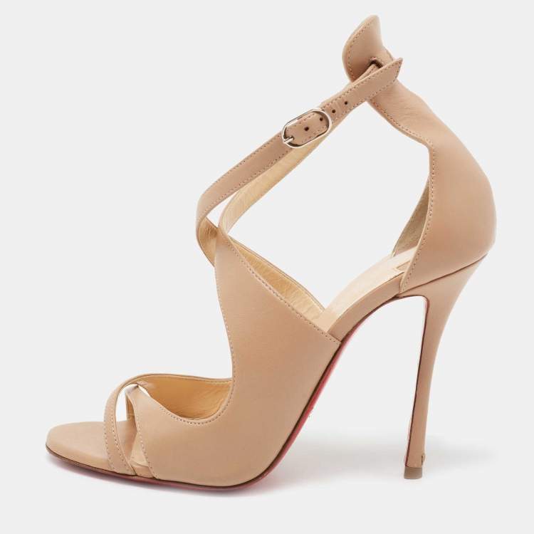 Pre Owned Christian Louboutin Beige Leather Malefissima Ankle-Strap Sandals Size 38.5