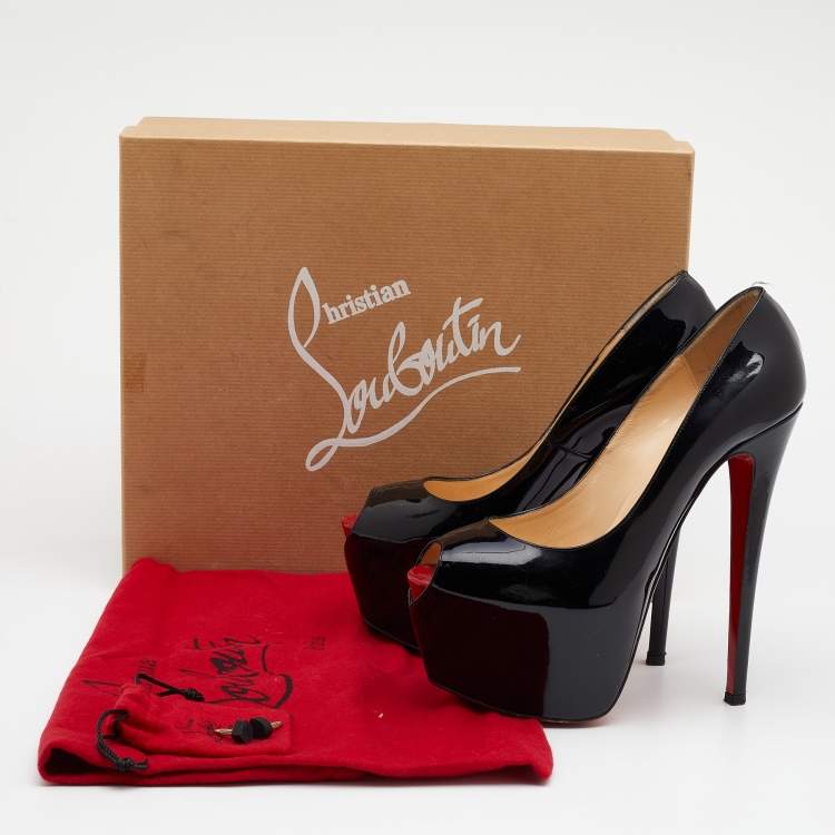 Pre Owned Christian Louboutin Black Patent Leather Highness Peep Toe Platform Pumps Size 37