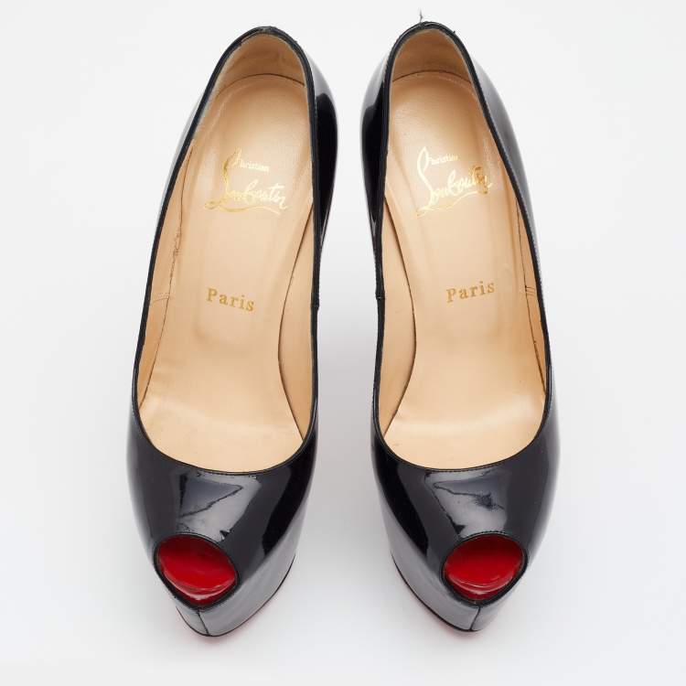 Pre Owned Christian Louboutin Black Patent Leather Highness Peep Toe Platform Pumps Size 37