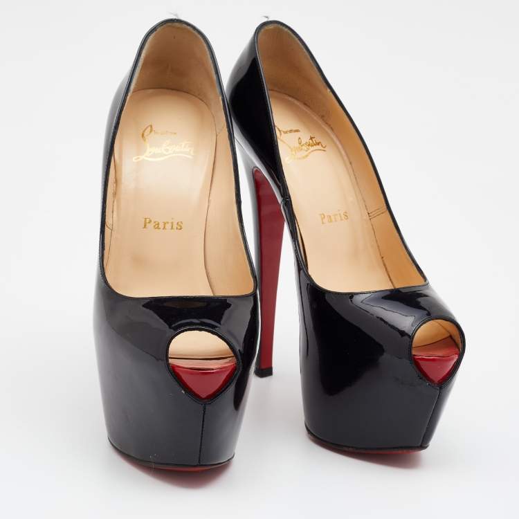 Pre Owned Christian Louboutin Black Patent Leather Highness Peep Toe Platform Pumps Size 37