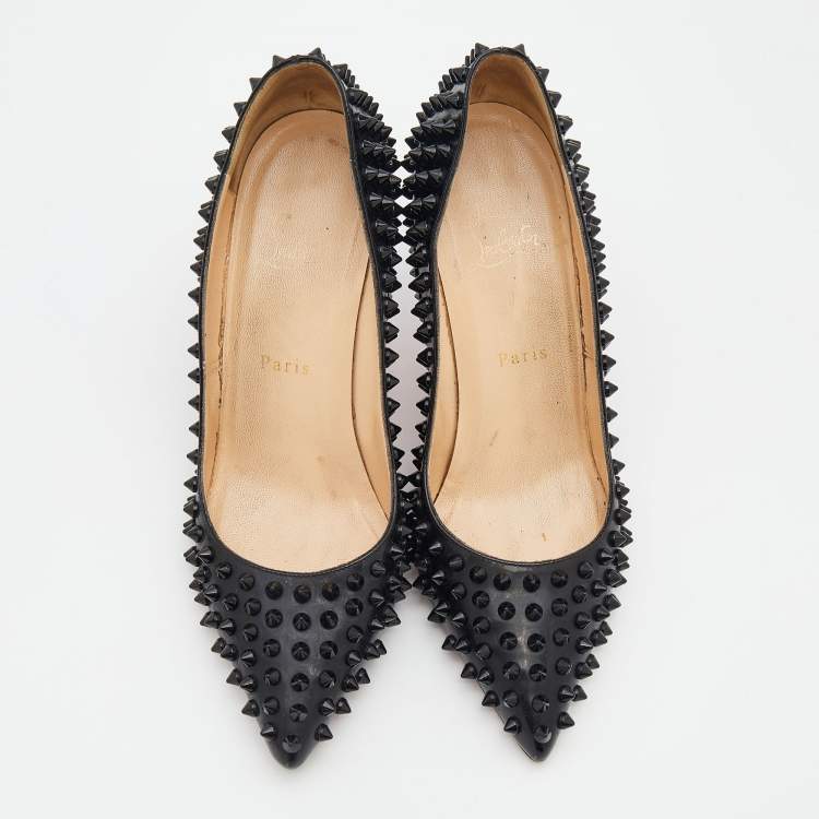 Pre Owned Christian Louboutin Black Patent Leather Pigalle Spikes Pointed Toe Pumps Size 39