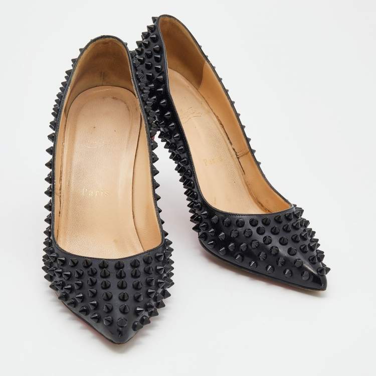Pre Owned Christian Louboutin Black Patent Leather Pigalle Spikes Pointed Toe Pumps Size 39