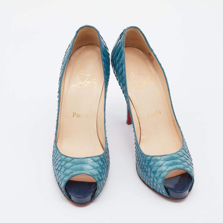 Pre Owned Christian Louboutin Blue Python Very Prive Platform Pumps Size 38