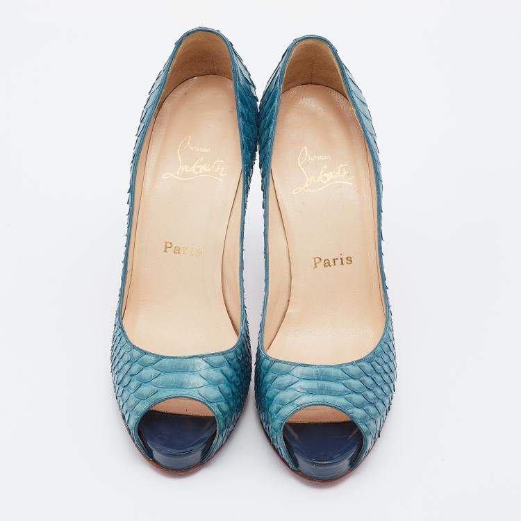 Pre Owned Christian Louboutin Blue Python Very Prive Platform Pumps Size 38