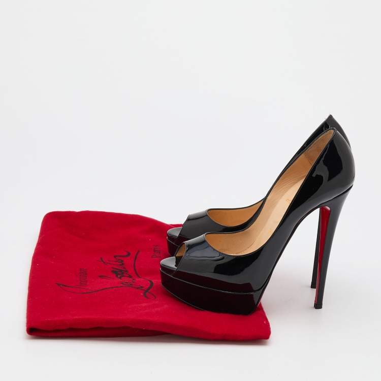 Pre Owned Christian Louboutin Black Patent Leather Lady Peep Toe Platform Pumps Size 38