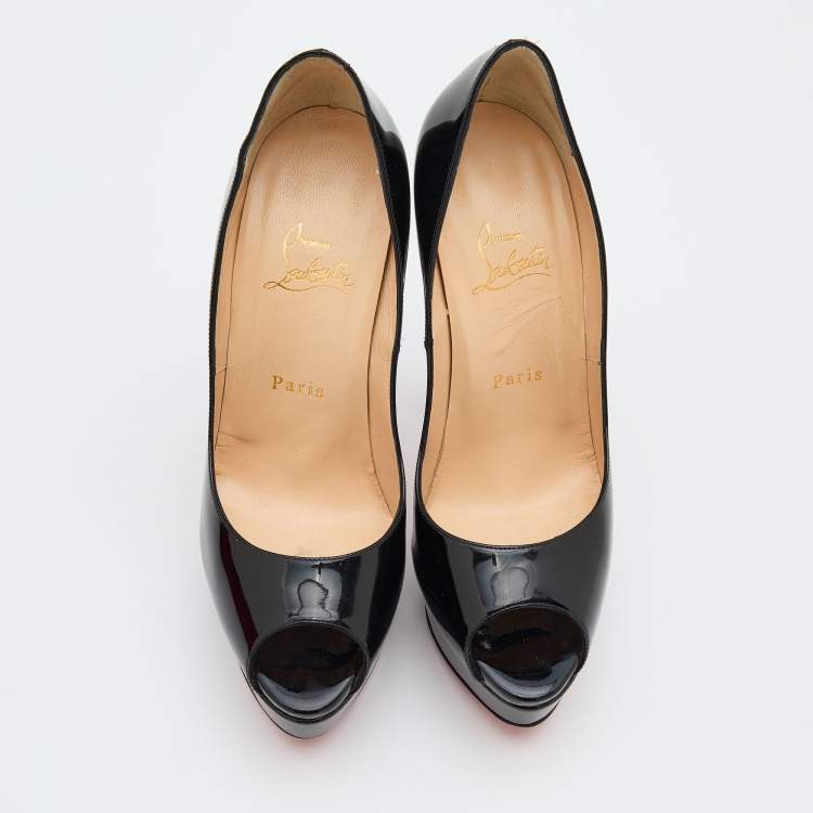 Pre Owned Christian Louboutin Black Patent Leather Lady Peep Toe Platform Pumps Size 38