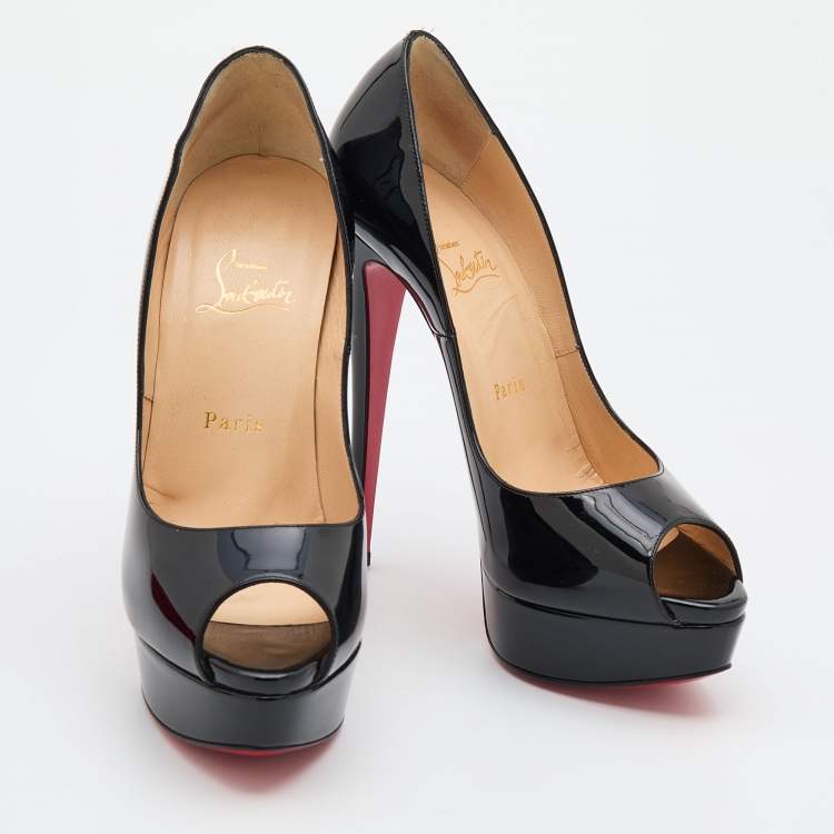 Pre Owned Christian Louboutin Black Patent Leather Lady Peep Toe Platform Pumps Size 38