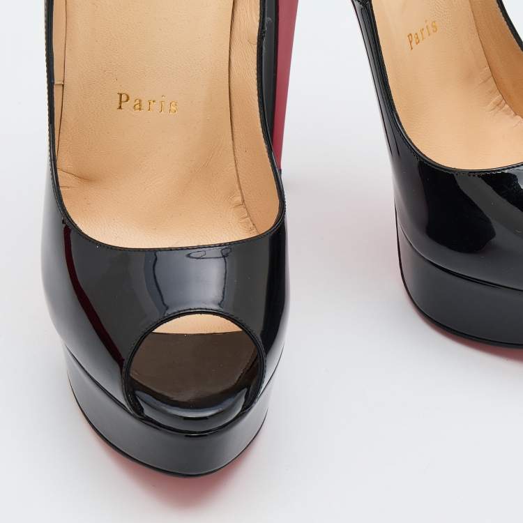 Pre Owned Christian Louboutin Black Patent Leather Lady Peep Toe Platform Pumps Size 38