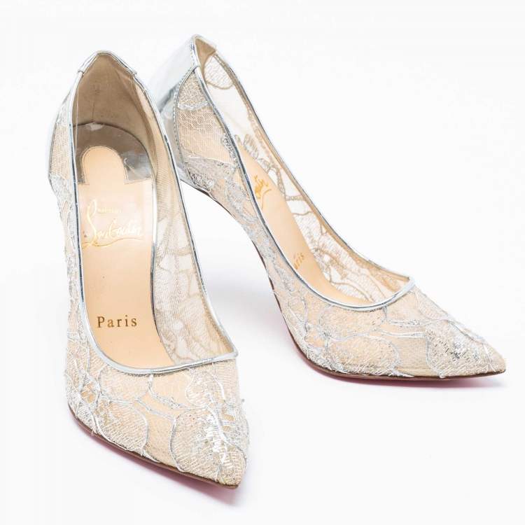 Pre Owned Christian Louboutin Silver Leather and Lurex Follies Lace Pumps Size 37