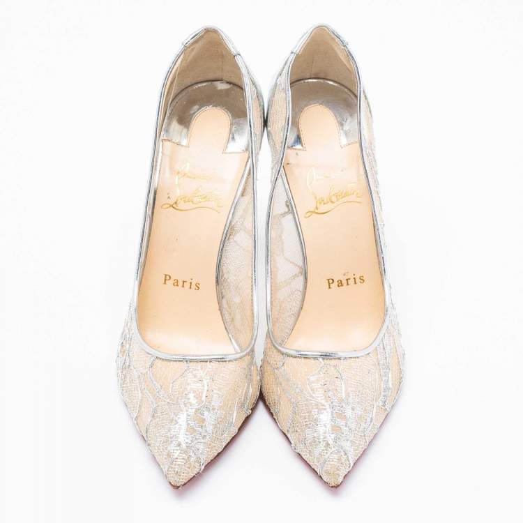 Pre Owned Christian Louboutin Silver Leather and Lurex Follies Lace Pumps Size 37