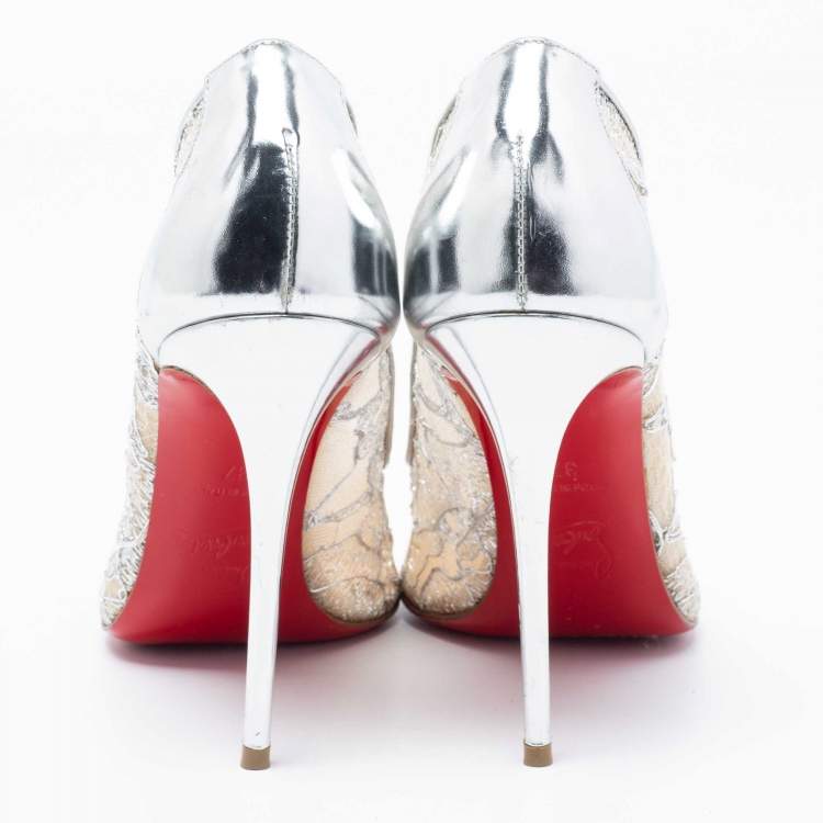 Pre Owned Christian Louboutin Silver Leather and Lurex Follies Lace Pumps Size 37
