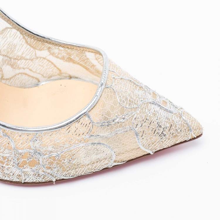 Pre Owned Christian Louboutin Silver Leather and Lurex Follies Lace Pumps Size 37