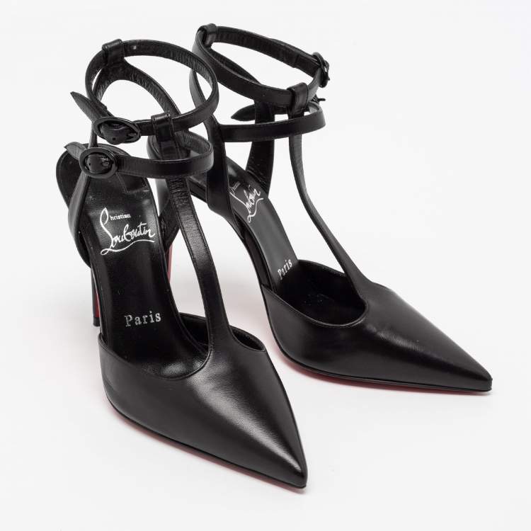 Pre Owned Christian Louboutin Black Leather Maravilla Ankle-Strap Pumps Size 36.5