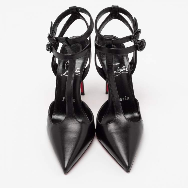 Pre Owned Christian Louboutin Black Leather Maravilla Ankle-Strap Pumps Size 36.5