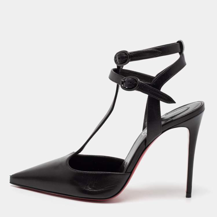 Pre Owned Christian Louboutin Black Leather Maravilla Ankle-Strap Pumps Size 36.5