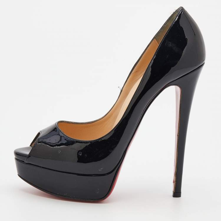 Pre Owned Christian Louboutin Black Patent Leather Lady Peep Toe Platform Pumps Size 38