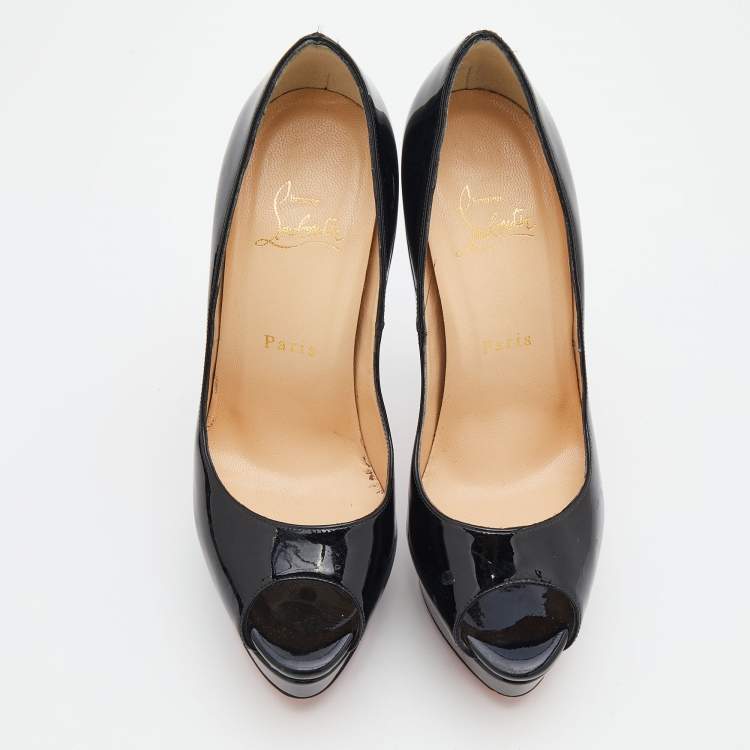 Pre Owned Christian Louboutin Black Patent Leather Lady Peep Toe Platform Pumps Size 38