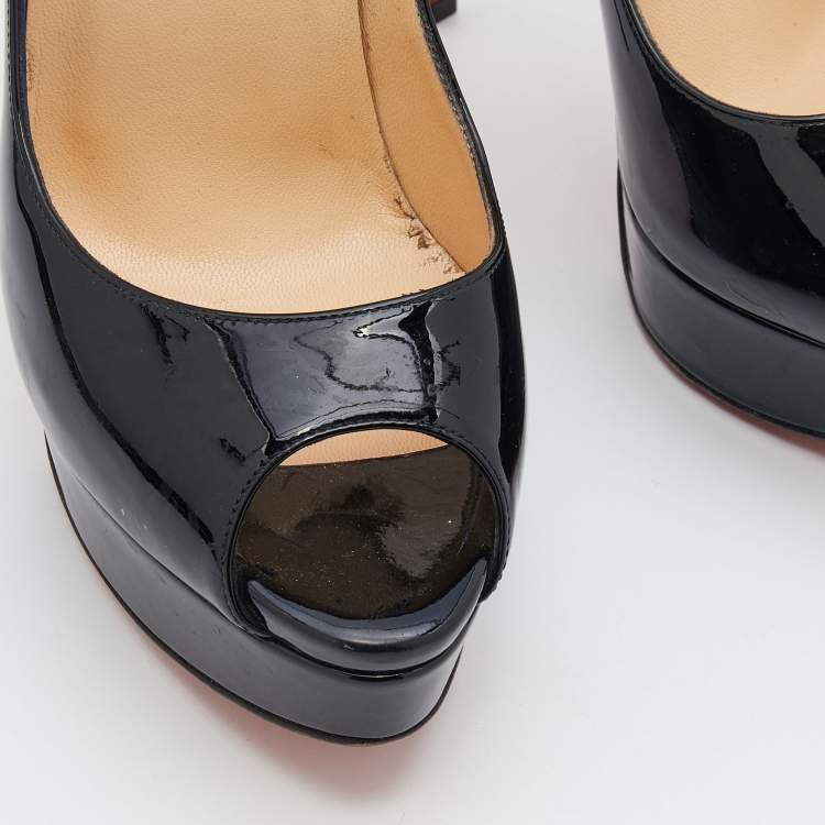 Pre Owned Christian Louboutin Black Patent Leather Lady Peep Toe Platform Pumps Size 38