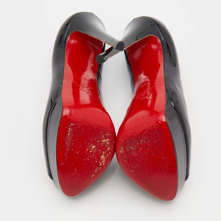 Pre Owned Christian Louboutin Black Patent Leather Lady Peep Toe Platform Pumps Size 38