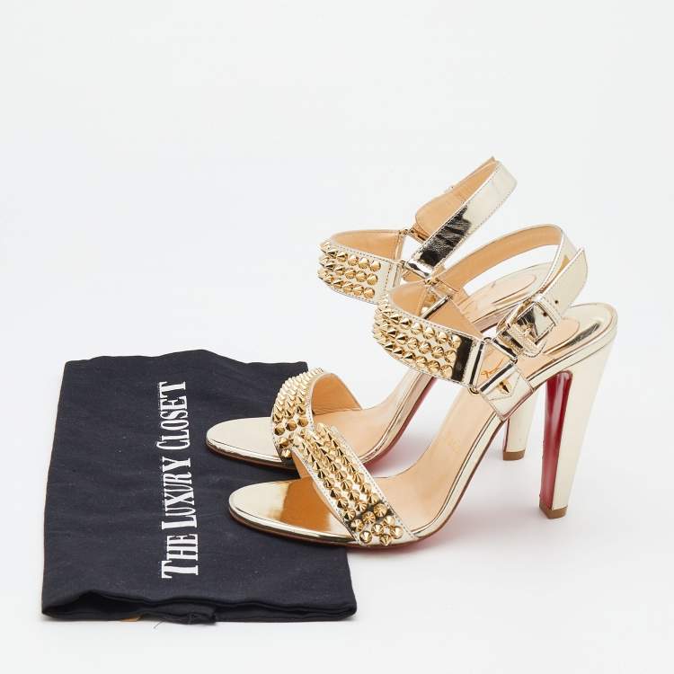 Pre Owned Christian Louboutin Metallic Gold Patent Leather Bikool Spiked Ankle Strap Sandals Size 38