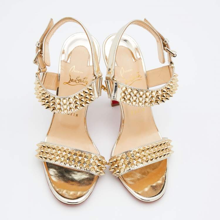 Pre Owned Christian Louboutin Metallic Gold Patent Leather Bikool Spiked Ankle Strap Sandals Size 38