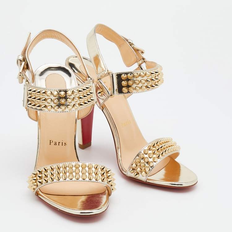 Pre Owned Christian Louboutin Metallic Gold Patent Leather Bikool Spiked Ankle Strap Sandals Size 38