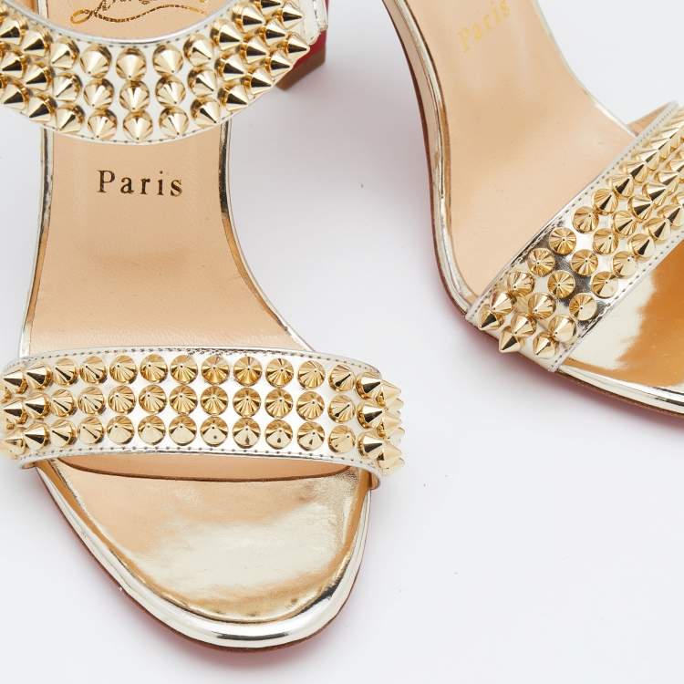 Pre Owned Christian Louboutin Metallic Gold Patent Leather Bikool Spiked Ankle Strap Sandals Size 38