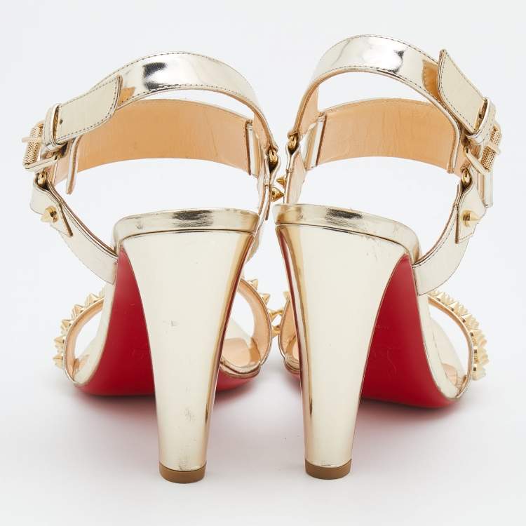 Pre Owned Christian Louboutin Metallic Gold Patent Leather Bikool Spiked Ankle Strap Sandals Size 38