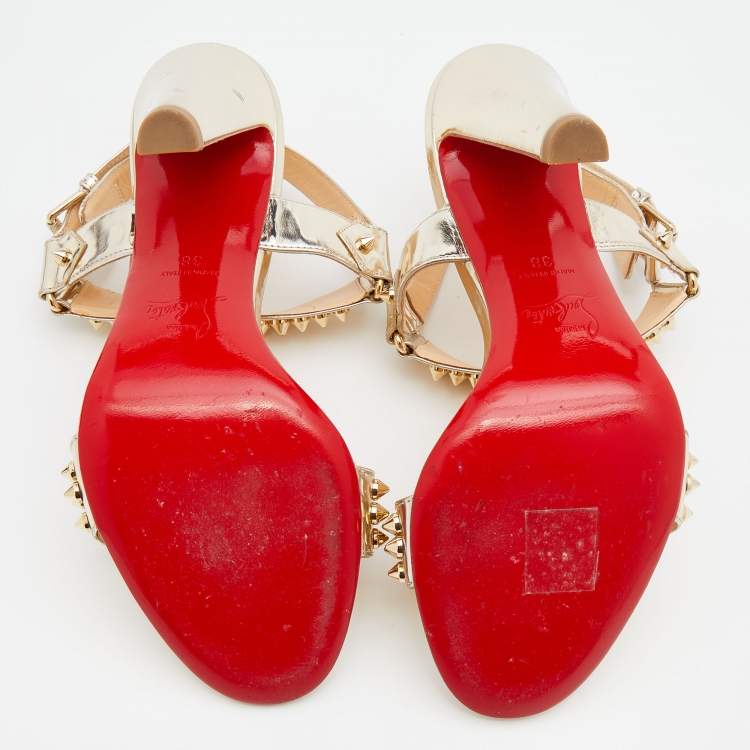 Pre Owned Christian Louboutin Metallic Gold Patent Leather Bikool Spiked Ankle Strap Sandals Size 38