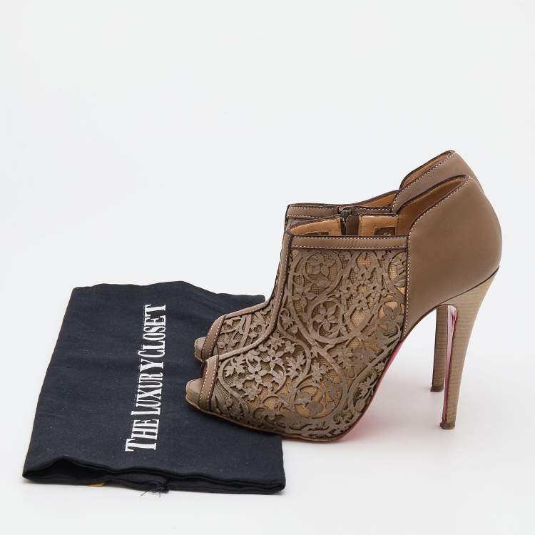Pre Owned Christian Louboutin Grey Laser-Cut Leather Pampas Booties Size 36.5