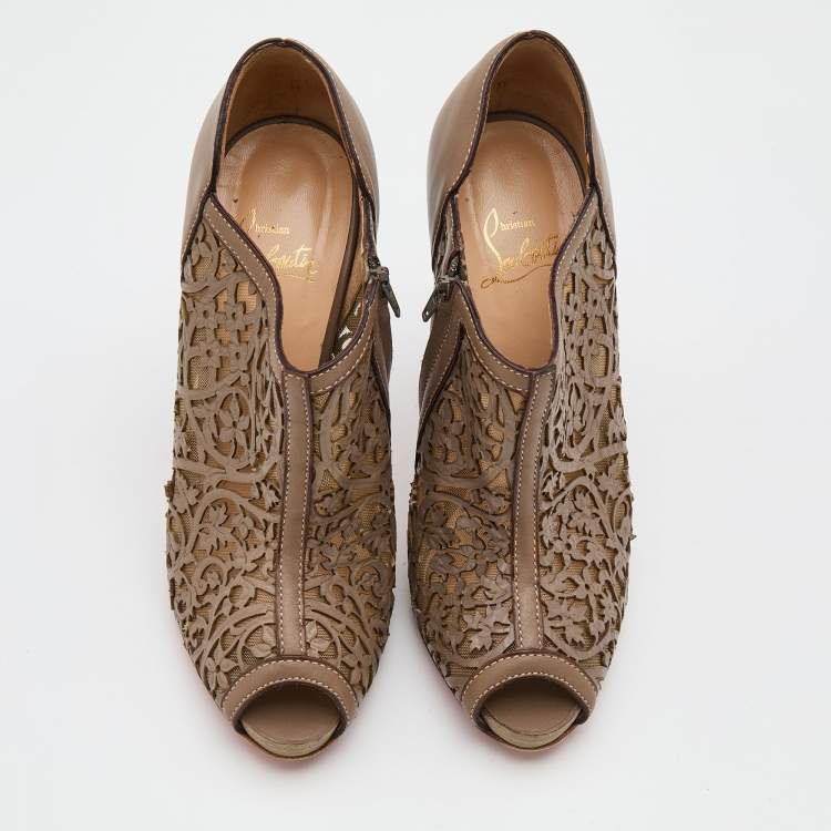 Pre Owned Christian Louboutin Grey Laser-Cut Leather Pampas Booties Size 36.5