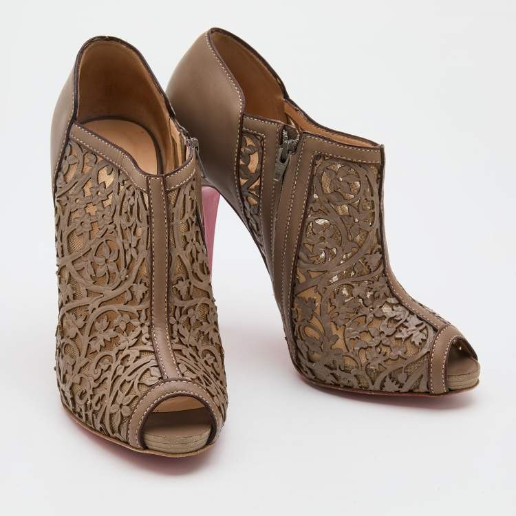 Pre Owned Christian Louboutin Grey Laser-Cut Leather Pampas Booties Size 36.5
