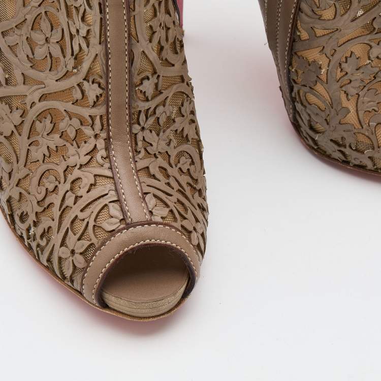 Pre Owned Christian Louboutin Grey Laser-Cut Leather Pampas Booties Size 36.5