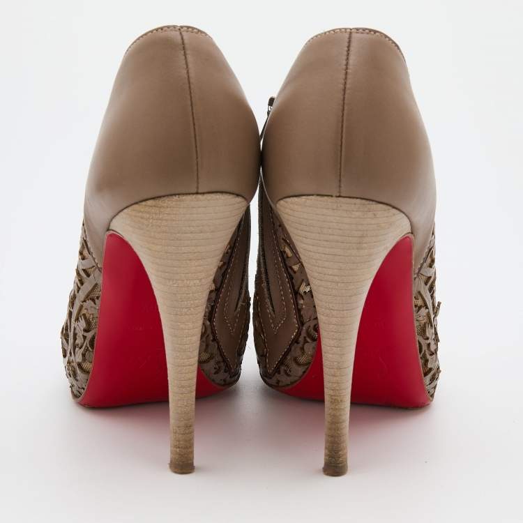 Pre Owned Christian Louboutin Grey Laser-Cut Leather Pampas Booties Size 36.5