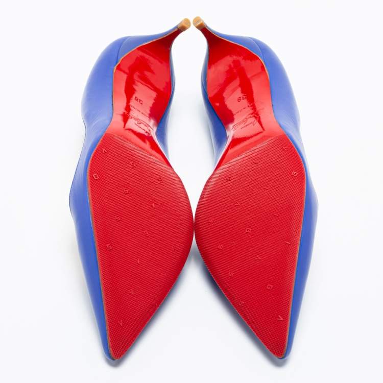 Pre Owned Christian Louboutin Blue Leather Kate 55 Pointed Toe Pumps Size 38