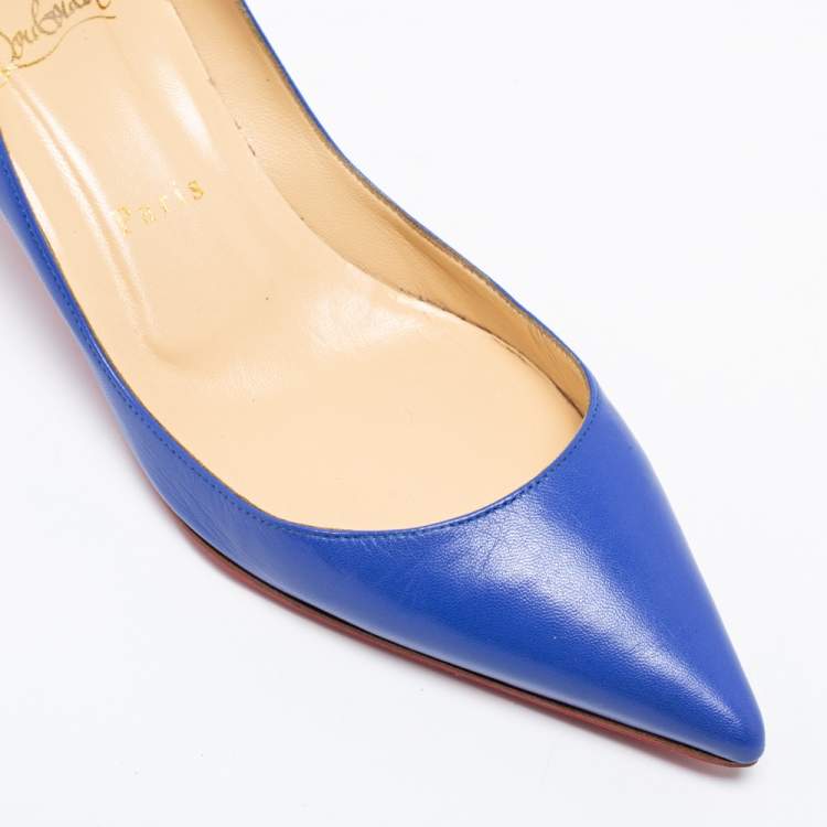 Pre Owned Christian Louboutin Blue Leather Kate 55 Pointed Toe Pumps Size 38