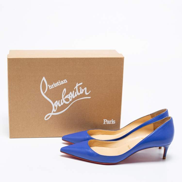Pre Owned Christian Louboutin Blue Leather Kate 55 Pointed Toe Pumps Size 38