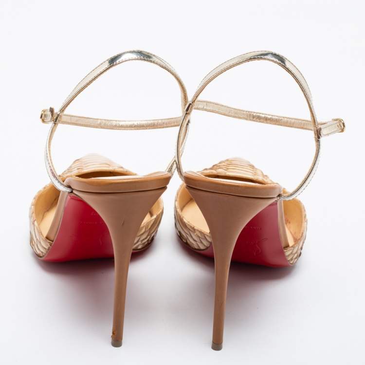 Pre Owned Christian Louboutin Beige/Silver Python Leather Pointed Toe Ankle Strap Sandals Size 39