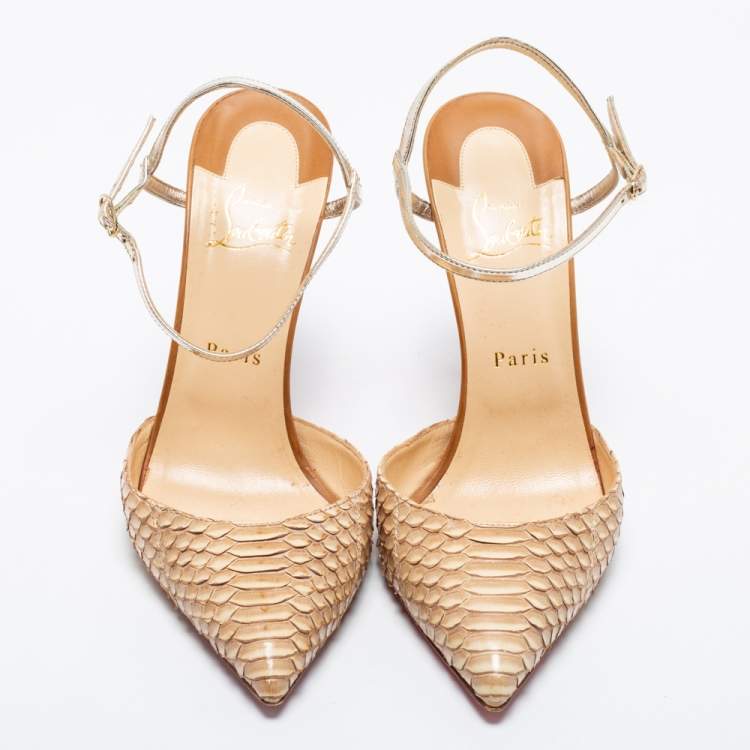 Pre Owned Christian Louboutin Beige/Silver Python Leather Pointed Toe Ankle Strap Sandals Size 39