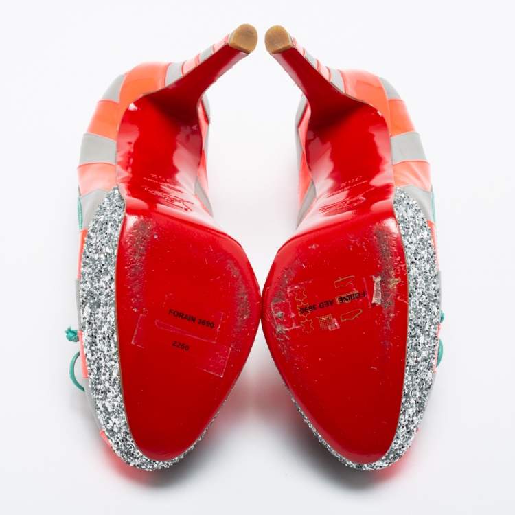 Pre Owned Christian Louboutin Grey/Neon Pink Striped Leather Foraine Glitter Platform Pumps Size 35.5