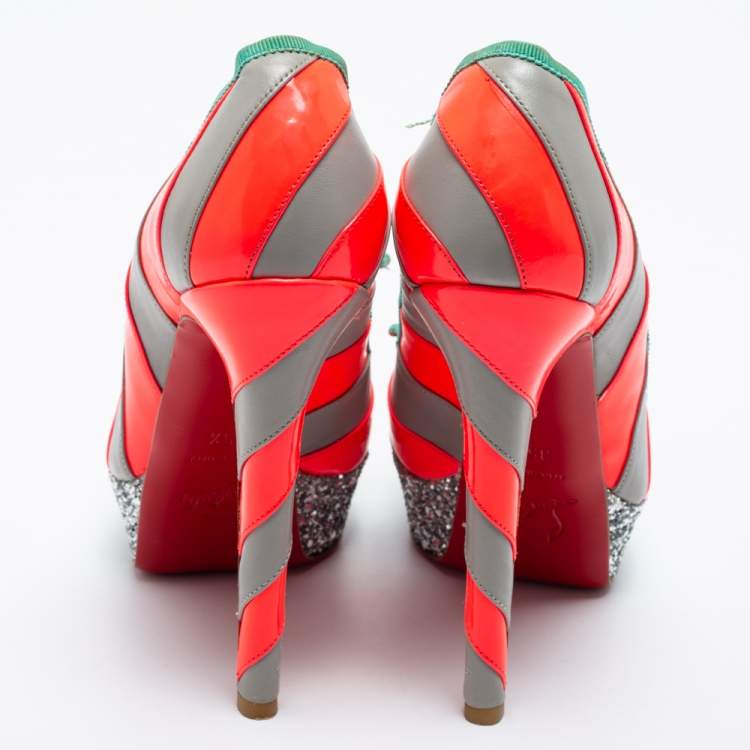 Pre Owned Christian Louboutin Grey/Neon Pink Striped Leather Foraine Glitter Platform Pumps Size 35.5