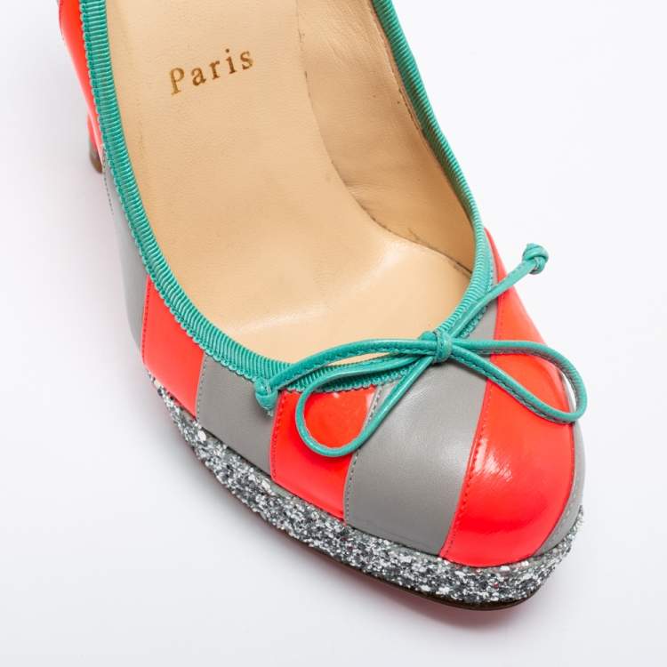 Pre Owned Christian Louboutin Grey/Neon Pink Striped Leather Foraine Glitter Platform Pumps Size 35.5