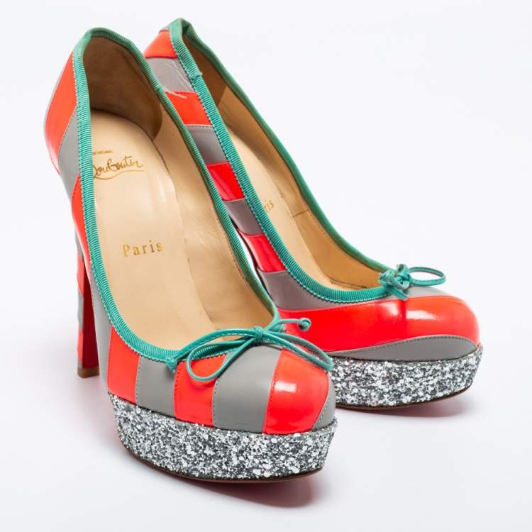 Pre Owned Christian Louboutin Grey/Neon Pink Striped Leather Foraine Glitter Platform Pumps Size 35.5
