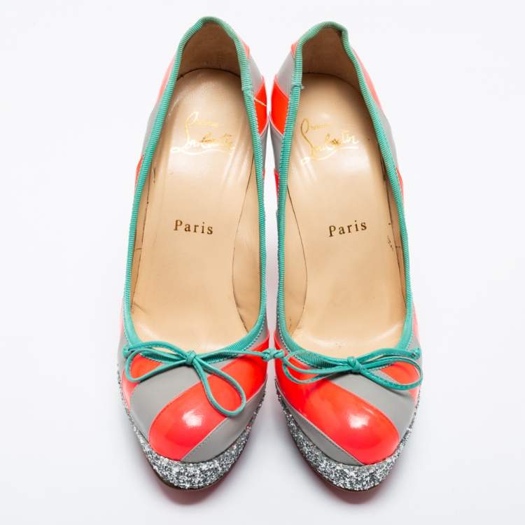 Pre Owned Christian Louboutin Grey/Neon Pink Striped Leather Foraine Glitter Platform Pumps Size 35.5