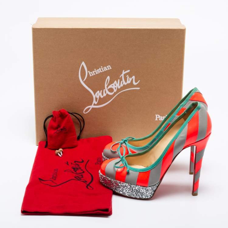 Pre Owned Christian Louboutin Grey/Neon Pink Striped Leather Foraine Glitter Platform Pumps Size 35.5