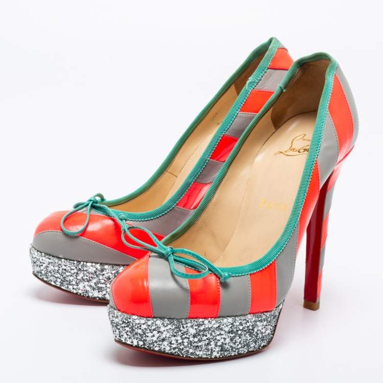 Pre Owned Christian Louboutin Grey/Neon Pink Striped Leather Foraine Glitter Platform Pumps Size 35.5