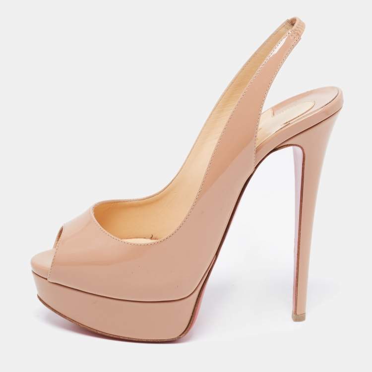 Pre Owned Christian Louboutin Beige Patent Leather Lady Peep Toe Sandals Size 37.5