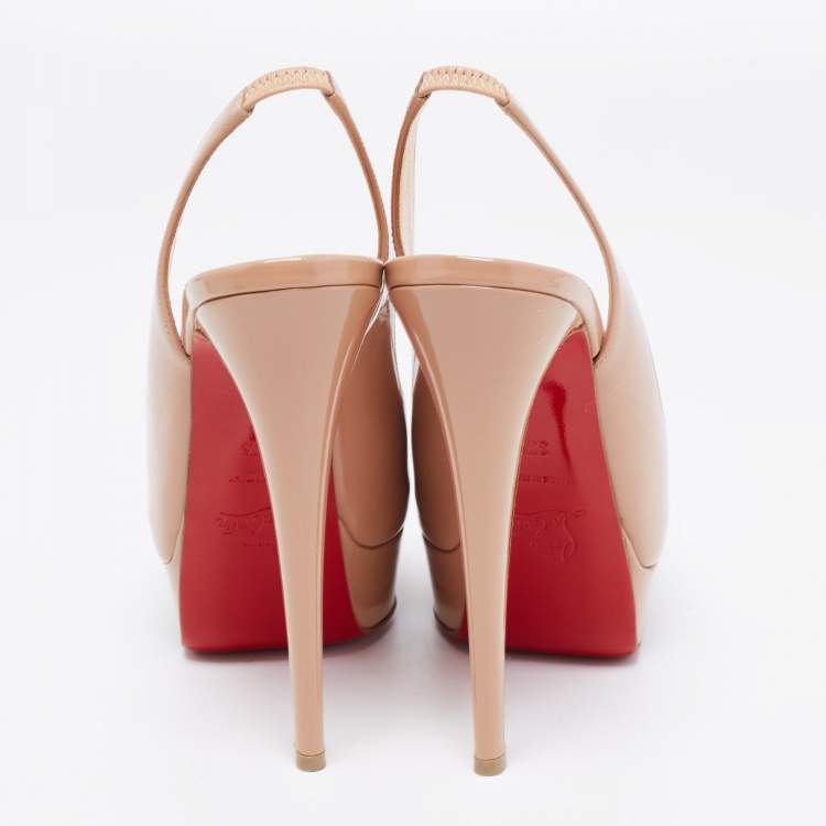 Pre Owned Christian Louboutin Beige Patent Leather Lady Peep Toe Sandals Size 37.5